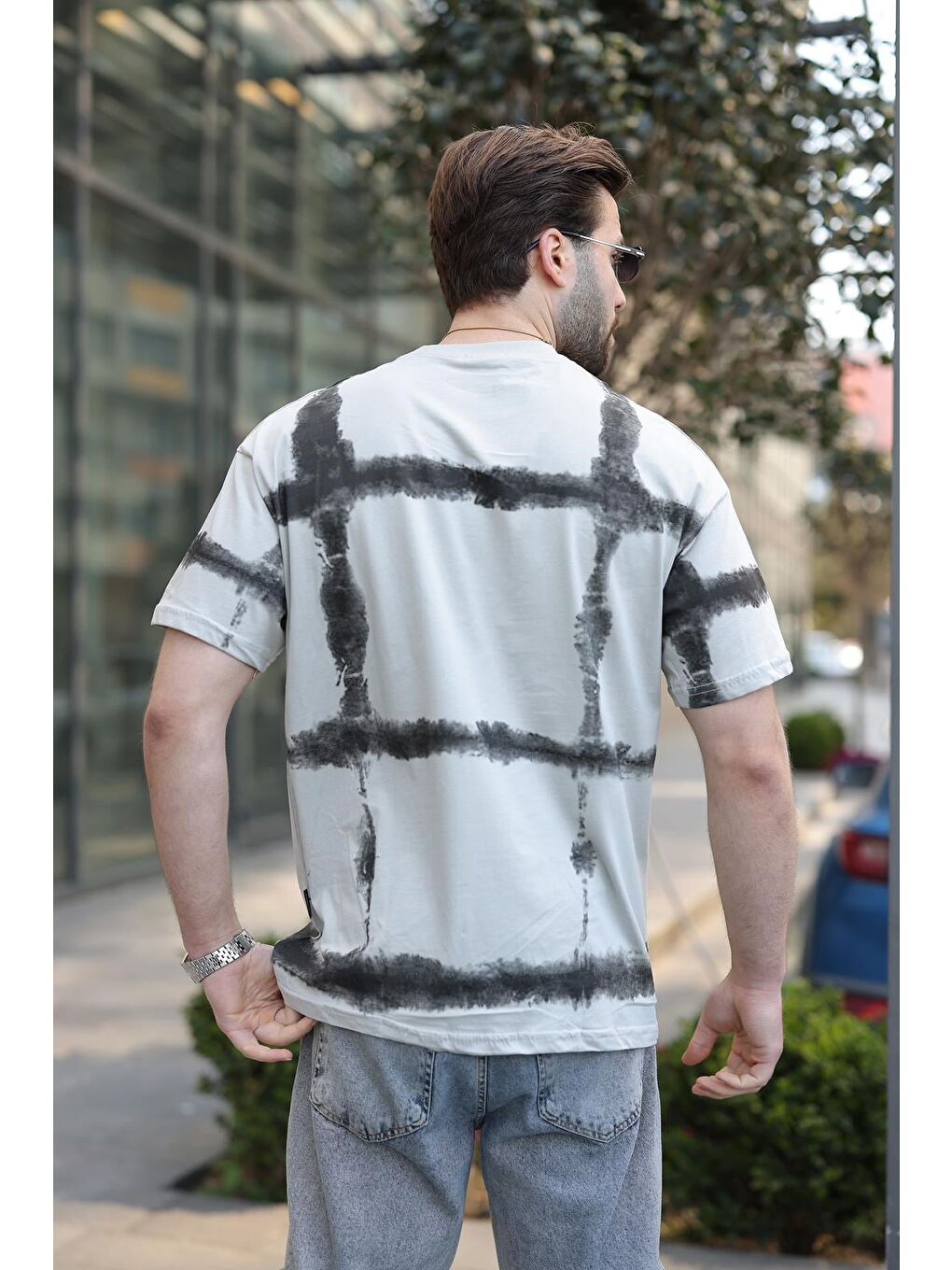 Boyalı Gri Bisiklet Yaka Baskılı Basic Erkek T-Shirt E7109-3