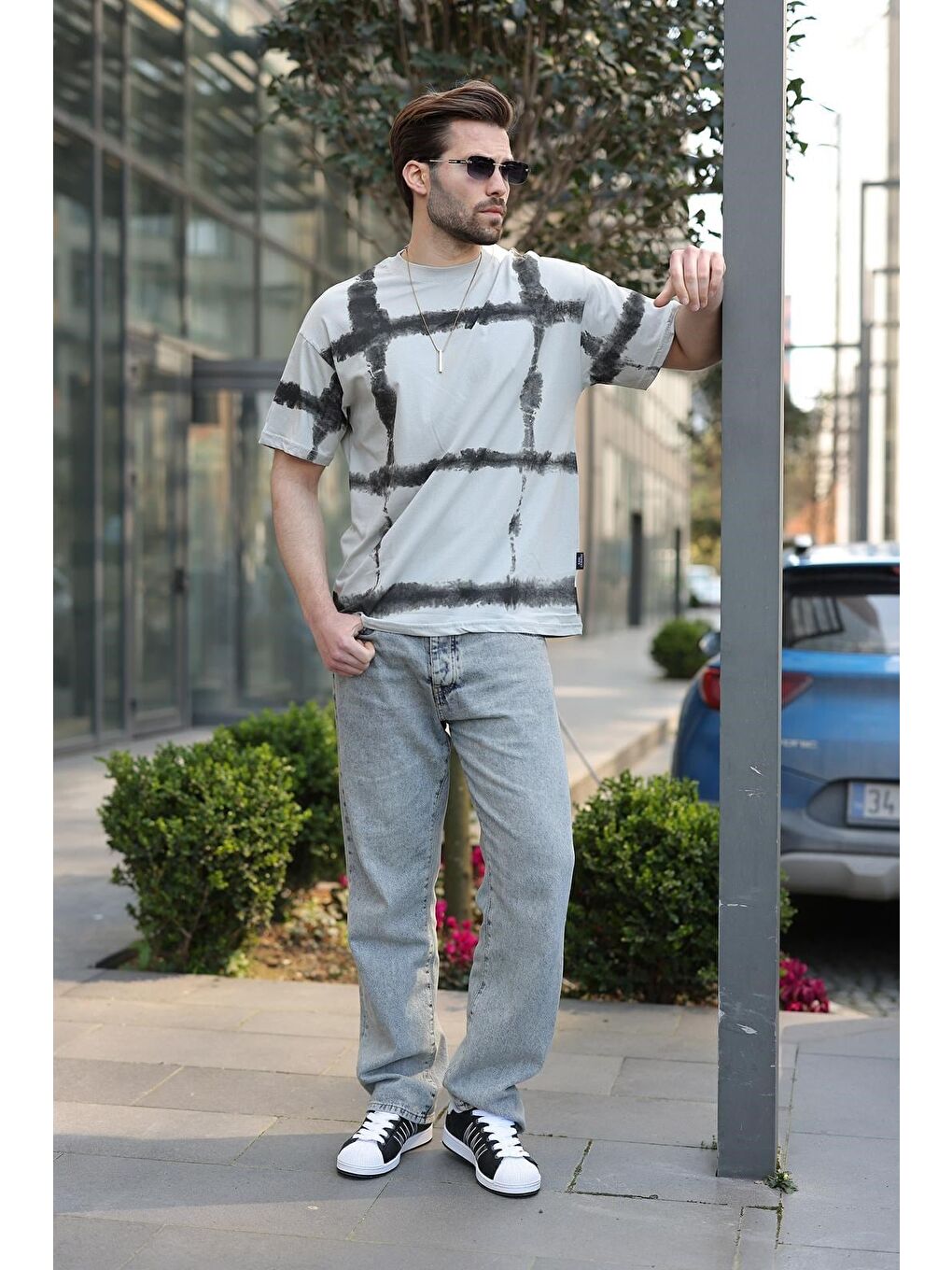 Boyalı Gri Bisiklet Yaka Baskılı Basic Erkek T-Shirt E7109-4