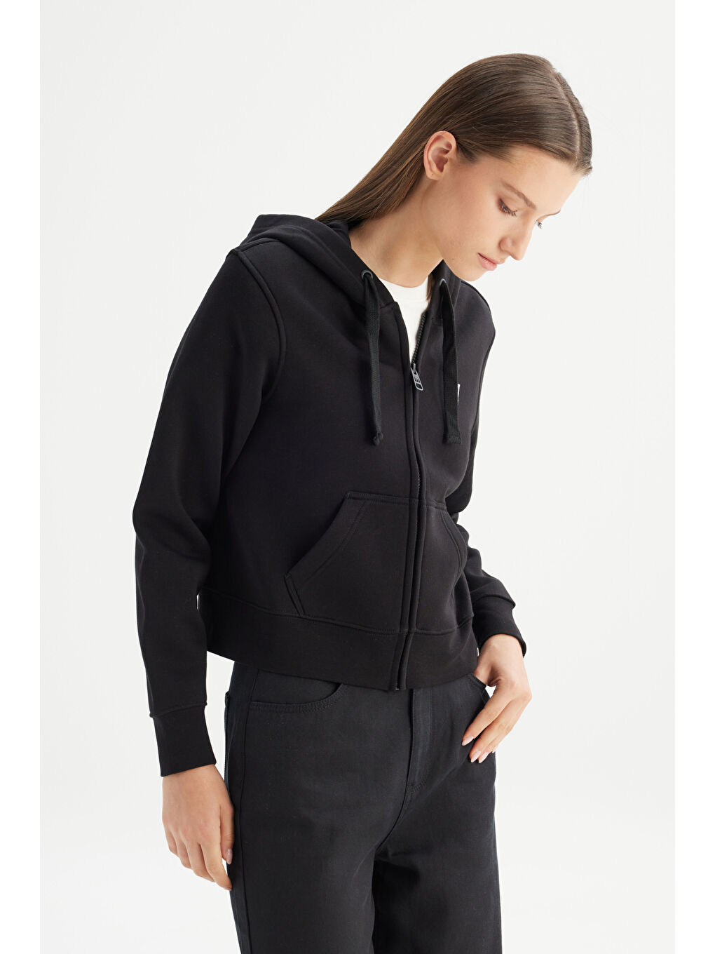 Regular Fit Normal Kesim Kapüşonlu İçi Polarlı Fermuarlı Siyah Sweatshirt Ceket-2