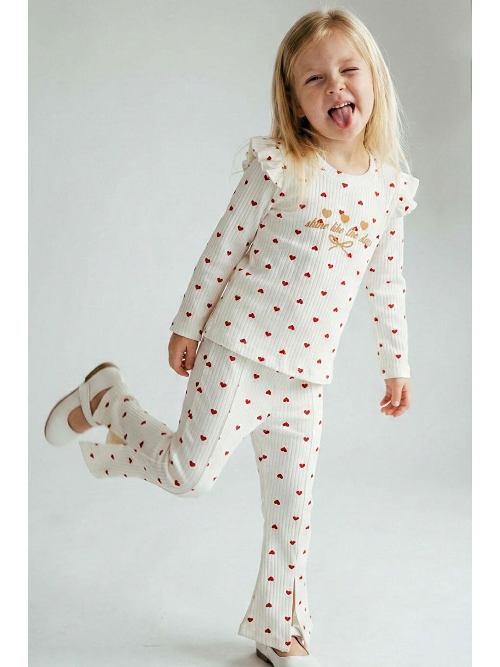 Ekru Kız Çocuk Taytlı Takım İspanyol Paça Kalp Desenli Krem (1.5-5 Yaş)-1