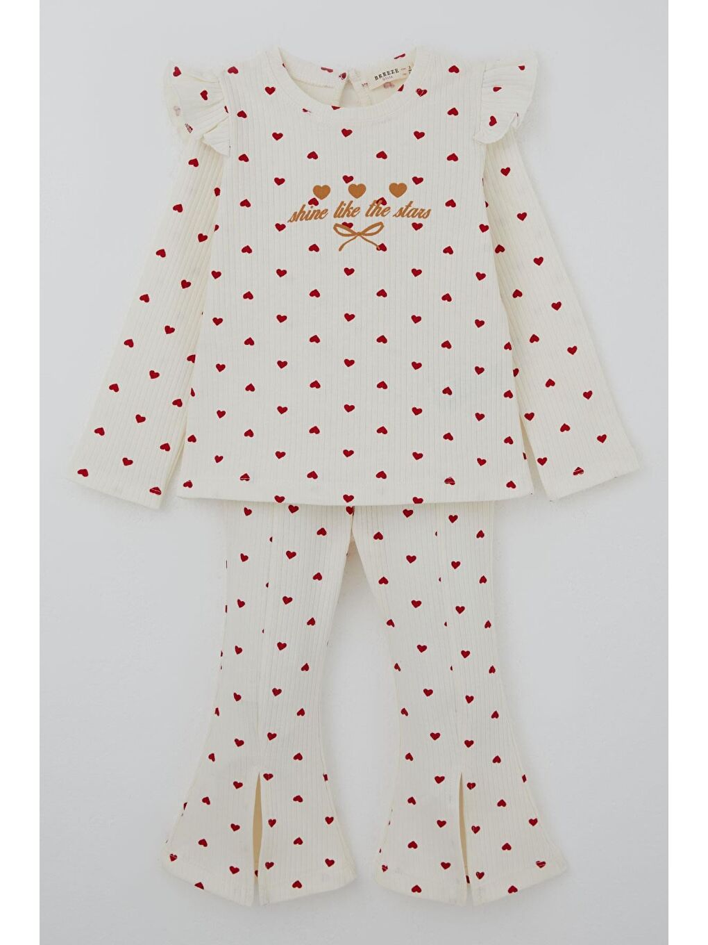Ekru Kız Çocuk Taytlı Takım İspanyol Paça Kalp Desenli Krem (1.5-5 Yaş)-2