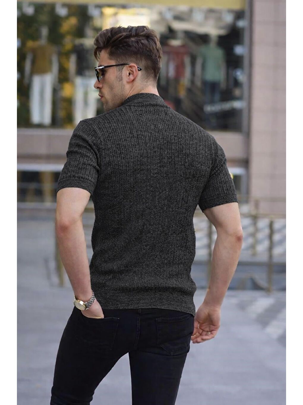 Gri Yarım Balıkçı Füme Erkek Triko Tişört 4604-1