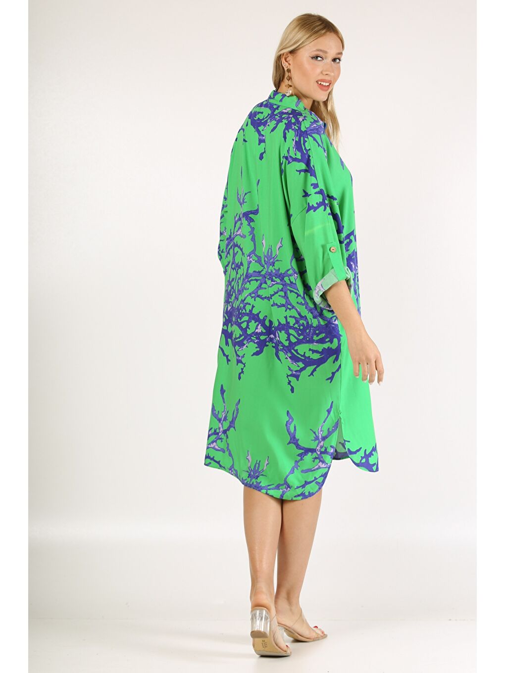 İtalyan Açık Yeşil Gömlek Yaka 3/4 Kol Desenli Düğmeli Cepli Dokuma Elbise-1