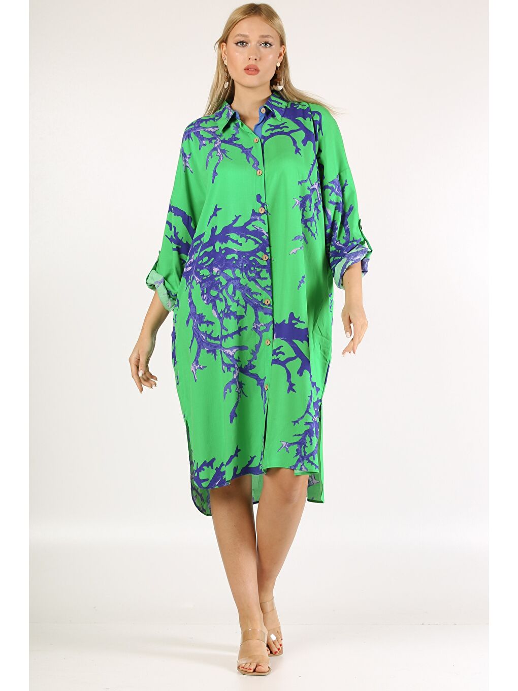 İtalyan Açık Yeşil Gömlek Yaka 3/4 Kol Desenli Düğmeli Cepli Dokuma Elbise-2