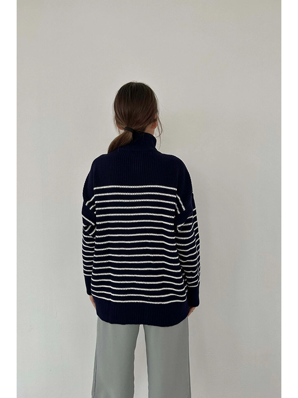 Lacivert Kadın Laci Fernuar Detay Çizgili Kazak 1014-3011-1