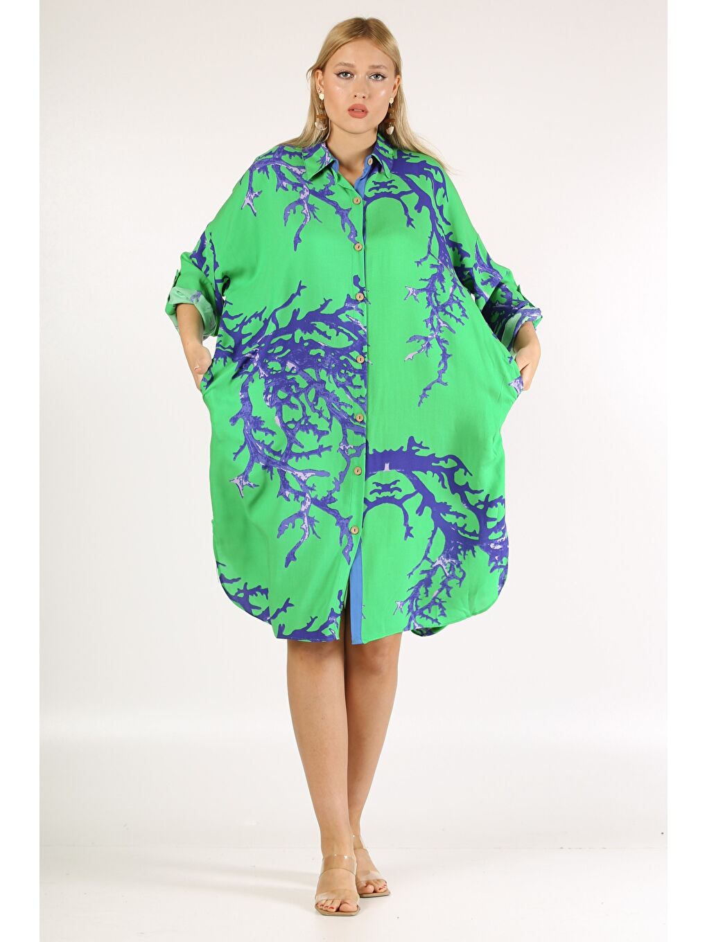 İtalyan Açık Yeşil Gömlek Yaka 3/4 Kol Desenli Düğmeli Cepli Dokuma Elbise-3