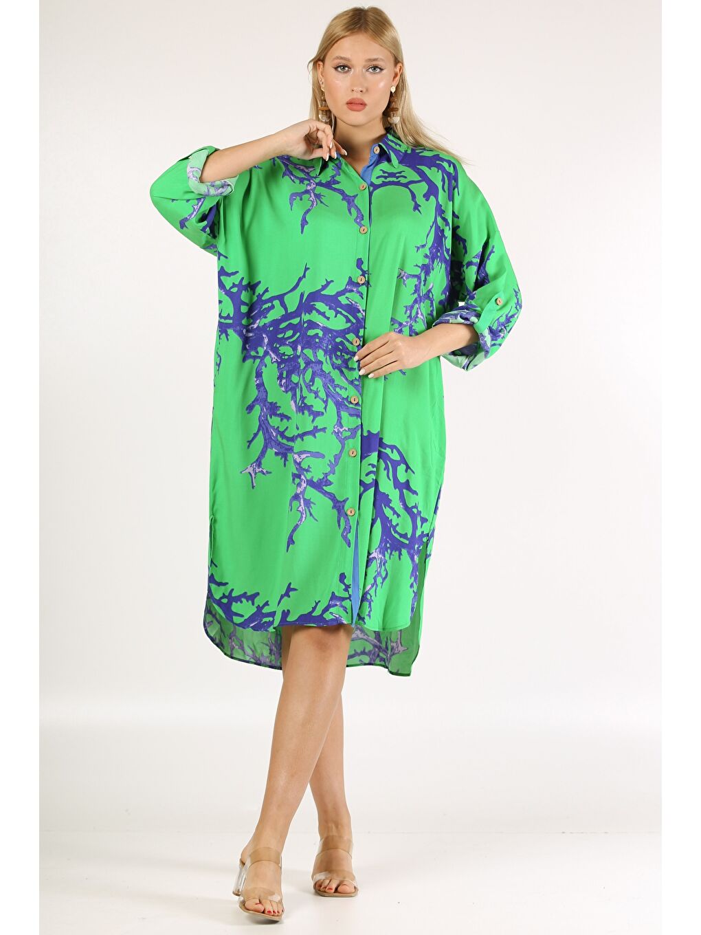 İtalyan Açık Yeşil Gömlek Yaka 3/4 Kol Desenli Düğmeli Cepli Dokuma Elbise-4