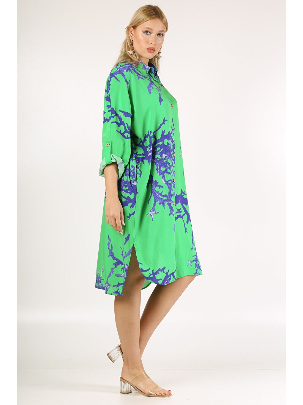 İtalyan Açık Yeşil Gömlek Yaka 3/4 Kol Desenli Düğmeli Cepli Dokuma Elbise-5