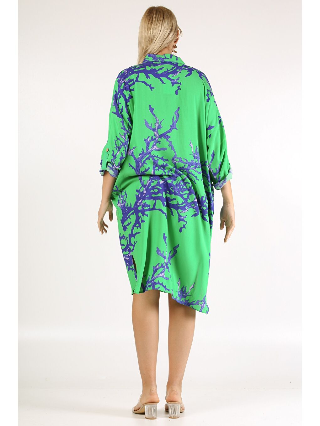 İtalyan Açık Yeşil Gömlek Yaka 3/4 Kol Desenli Düğmeli Cepli Dokuma Elbise-6