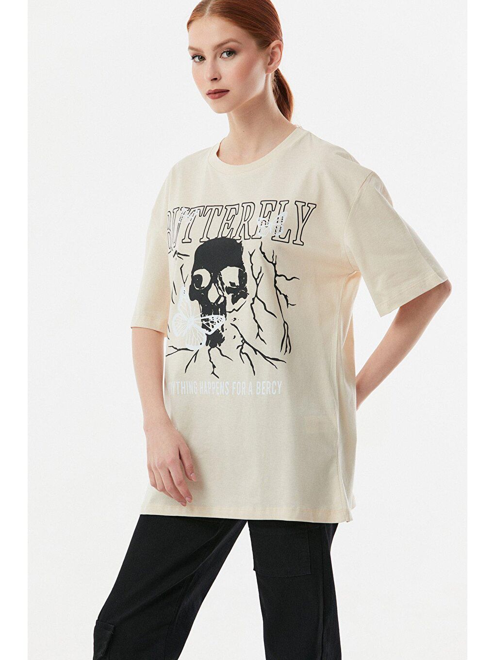 Bej Butterfly Baskılı Oversize Tişört-4