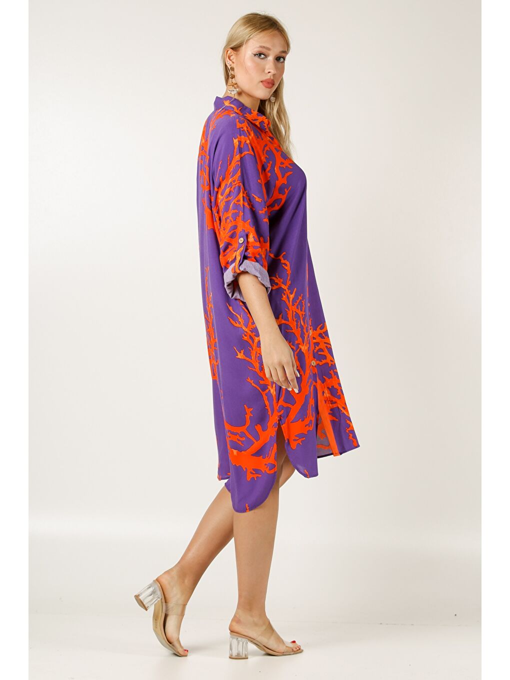 İtalyan Açık Yeşil Gömlek Yaka 3/4 Kol Desenli Düğmeli Cepli Dokuma Elbise-7