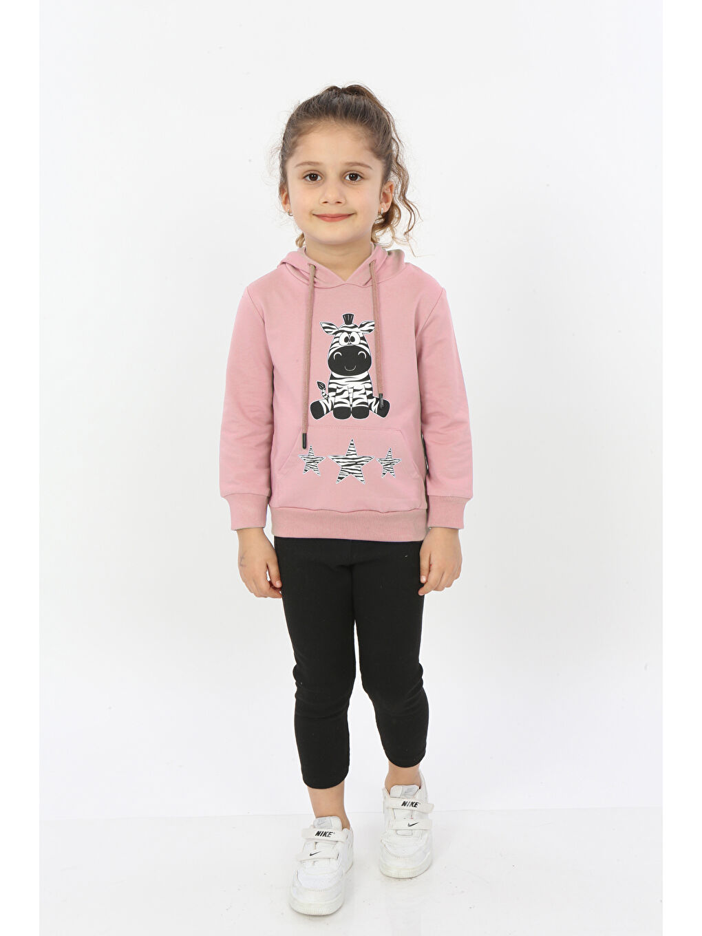 Toontoykids Pembe Kız Çocuk Yıldızlı Zebra Baskılı Kapüşonlu Sweatshirt