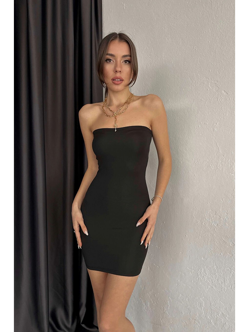 Kadın Siyah Straplez Elbise 0956-1747-1