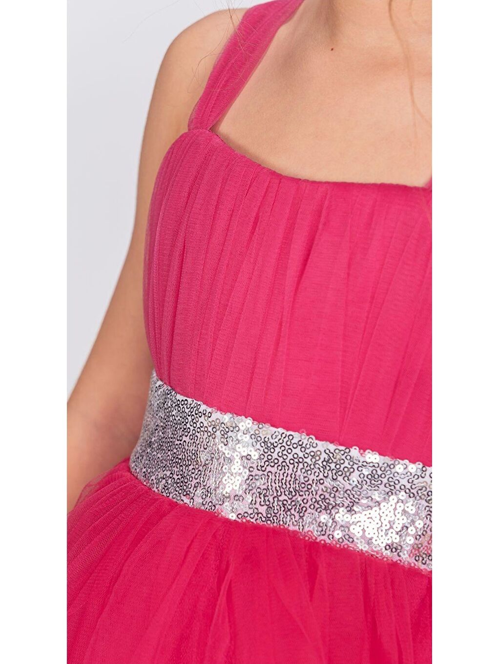 Fuşya Sırt Gipeli Tütü Etek Kız Çocuk Saten Parti Abiye Elbise-2