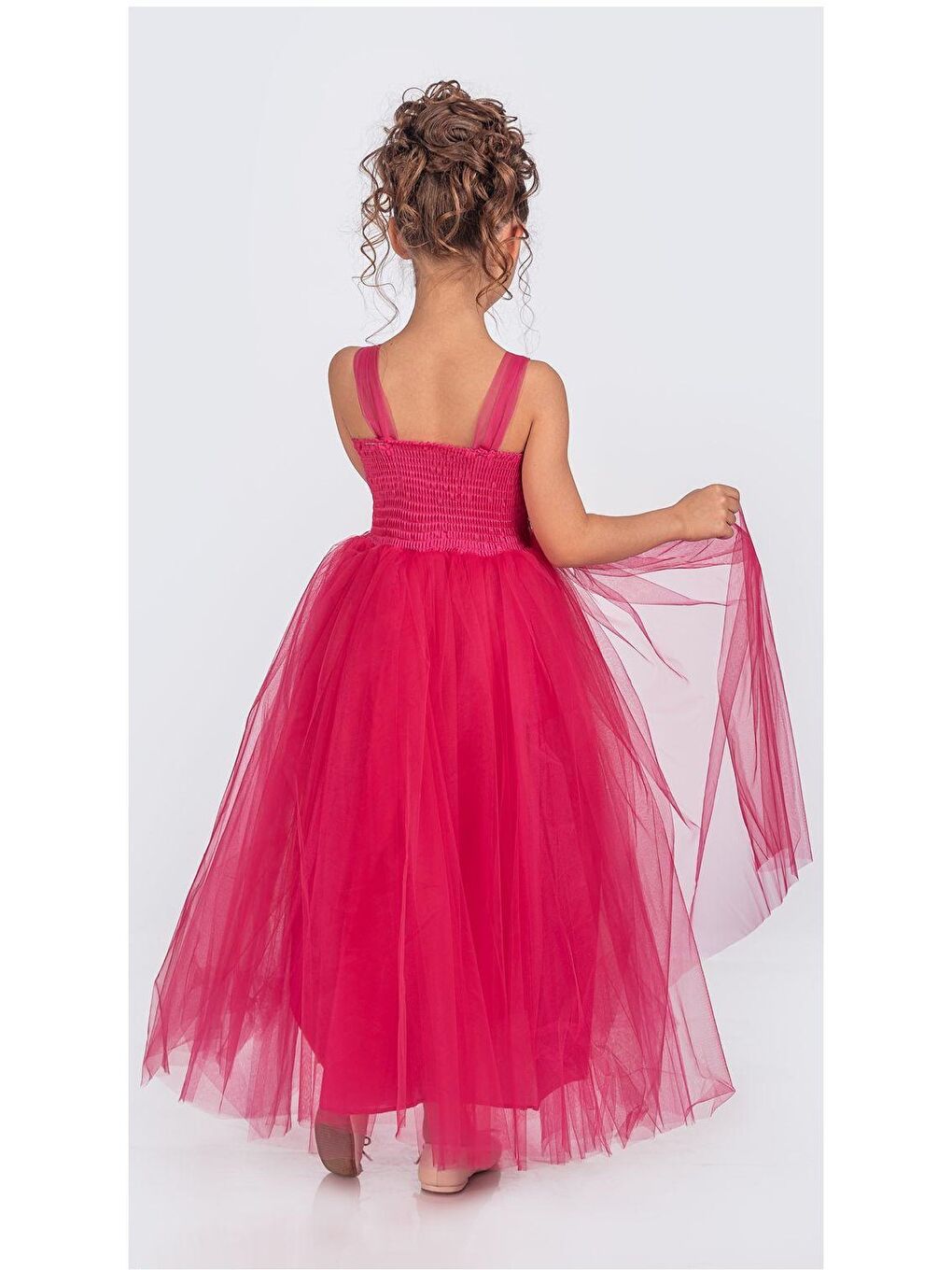 Fuşya Sırt Gipeli Tütü Etek Kız Çocuk Saten Parti Abiye Elbise-1