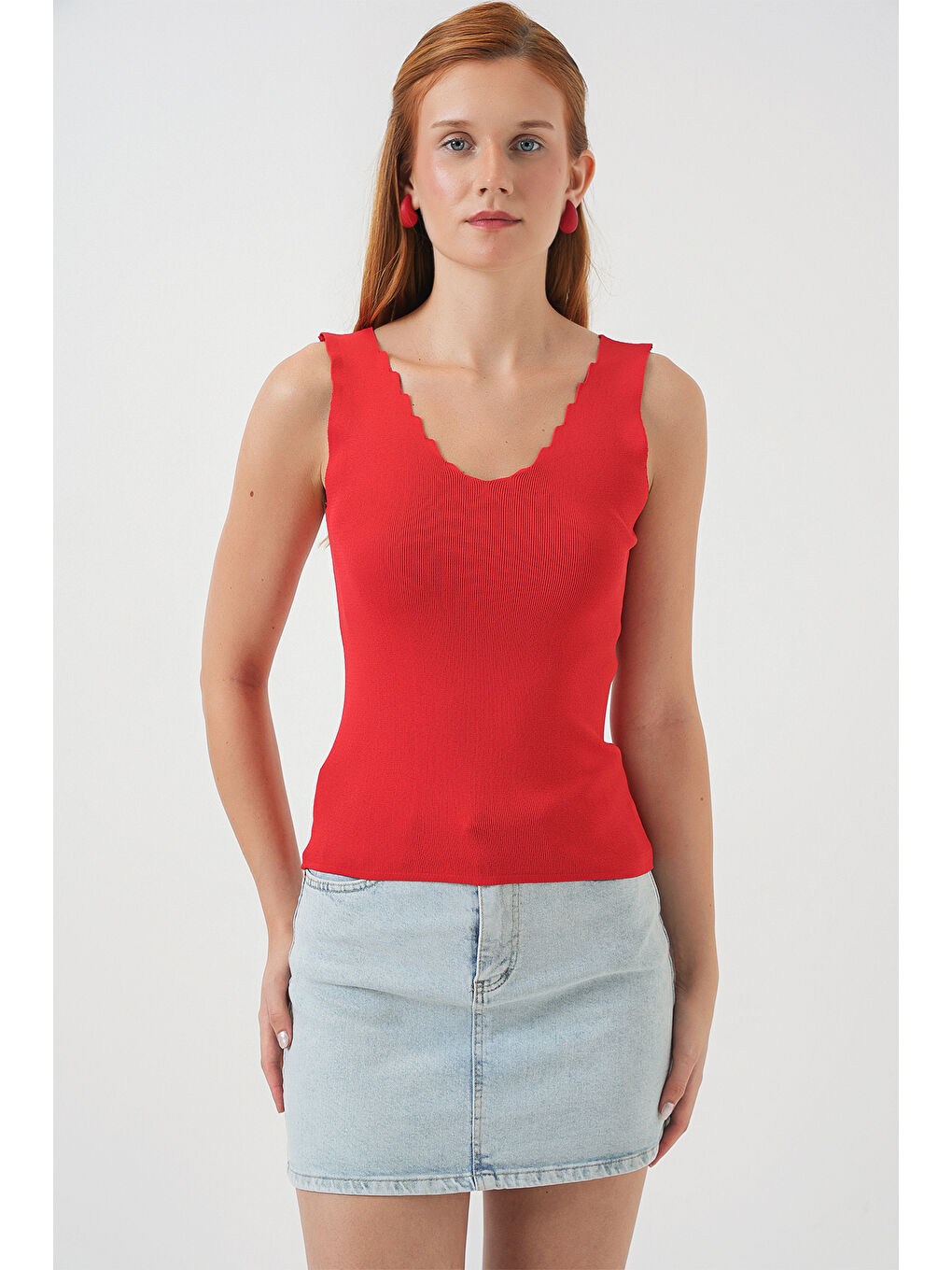 Kadın Zikzaklı V Yaka Bluz 15930 - Kırmızı-1