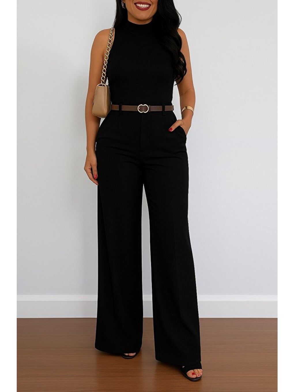 Siyah Kadın Yüksek Bel Geniş Paça Detaylı Cepli Ithal Krep Pantolon