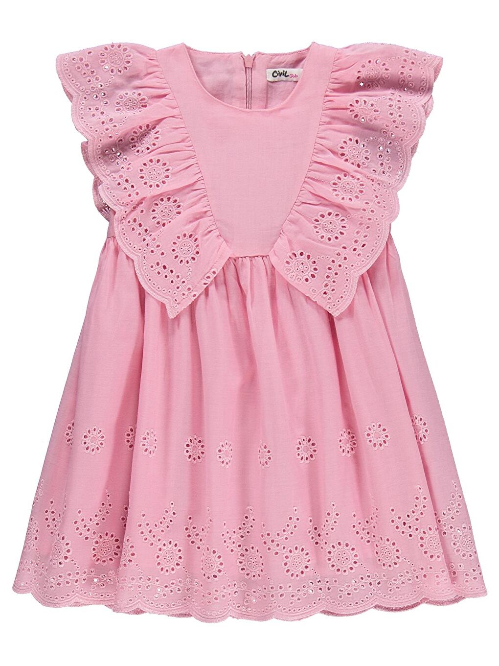Girls Fırfırlı Brodeli 2-5 Yaş Elbise - Pembe