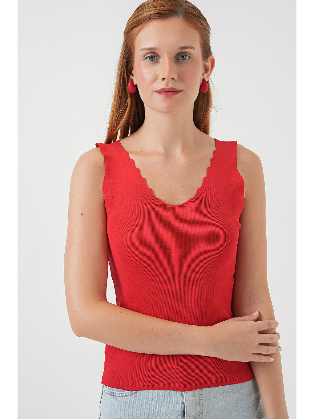 Kadın Zikzaklı V Yaka Bluz 15930 - Kırmızı-2