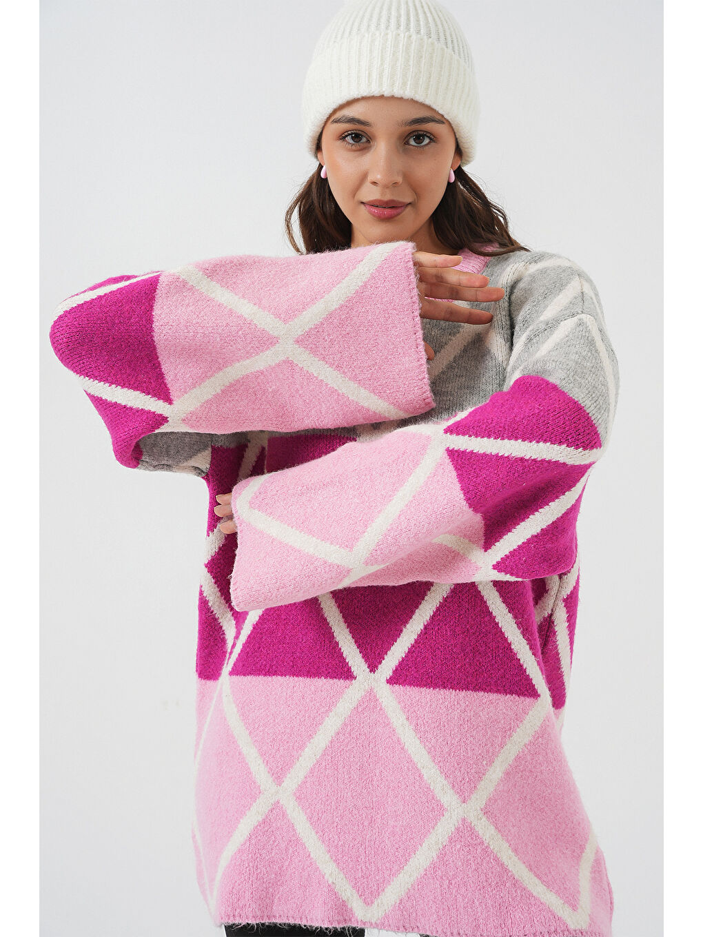 Kadın Baklava Desenli Oversize Uzun Kazak 15931 - Pembe-2