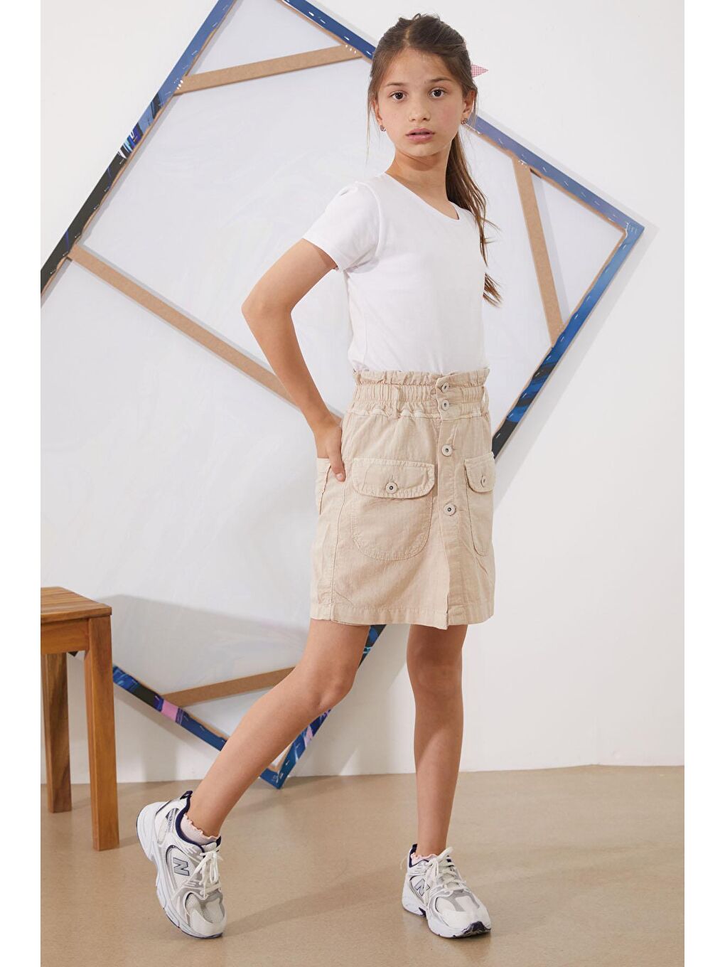 Bej Beli Lastikli Düğmeli Kız Çocuk Şort Etek 18948