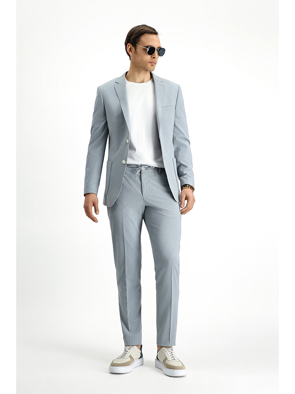 Gri Super Slim Fit Ekstra Dar Kesim Çizgili Beli Lastikli İpli Gofre Takım Elbise