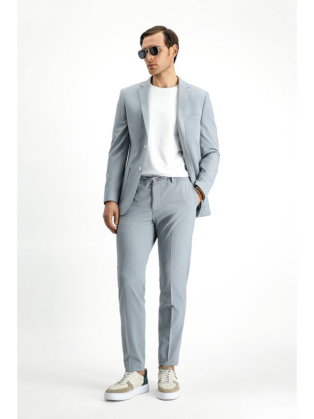 Gri Super Slim Fit Ekstra Dar Kesim Çizgili Beli Lastikli İpli Gofre Takım Elbise-1