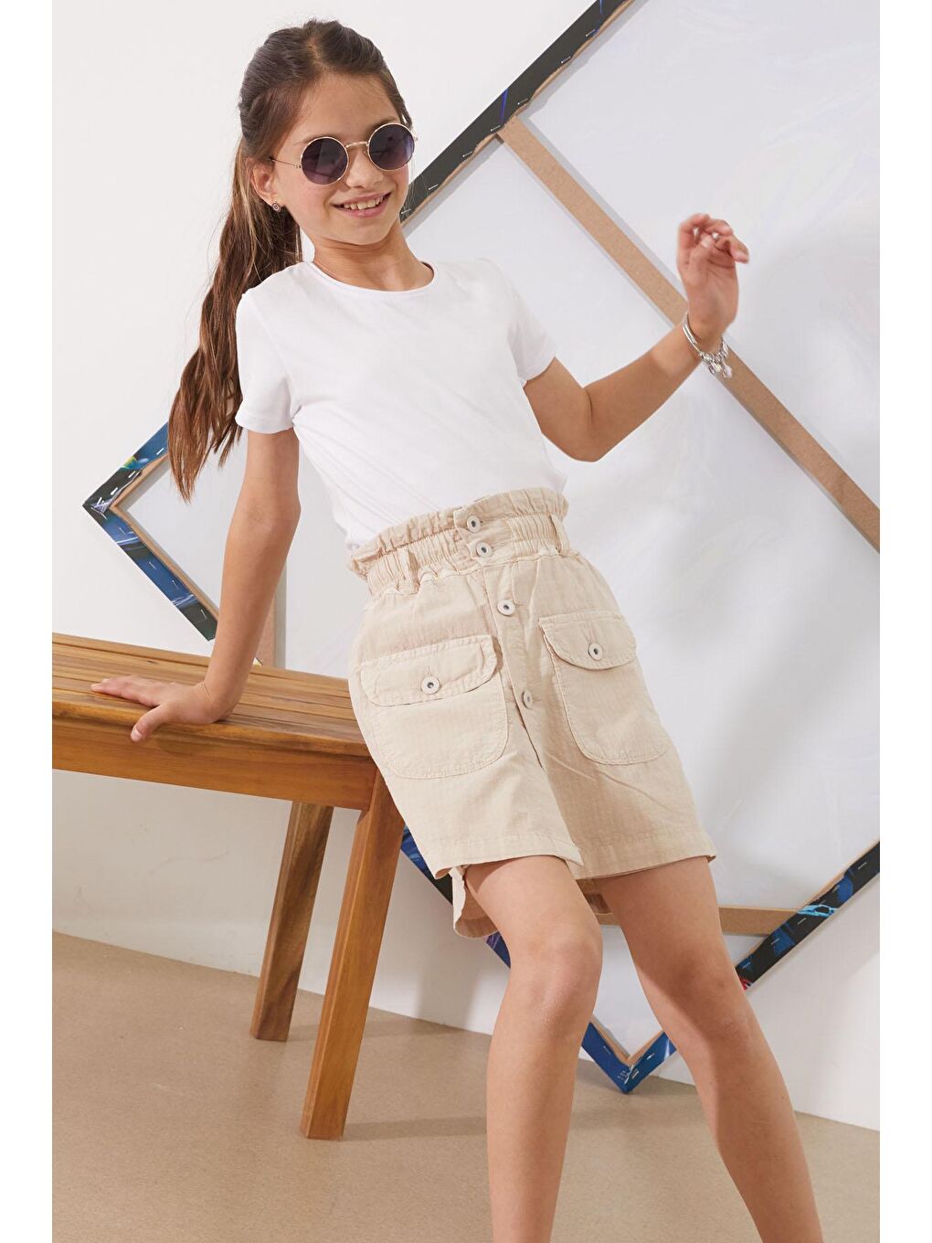 Bej Beli Lastikli Düğmeli Kız Çocuk Şort Etek 18948-1