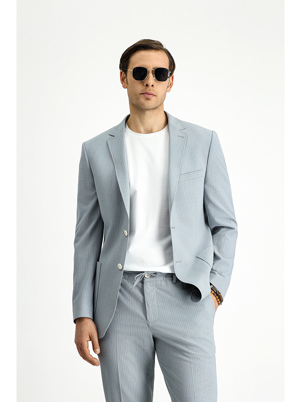 Gri Super Slim Fit Ekstra Dar Kesim Çizgili Beli Lastikli İpli Gofre Takım Elbise-2