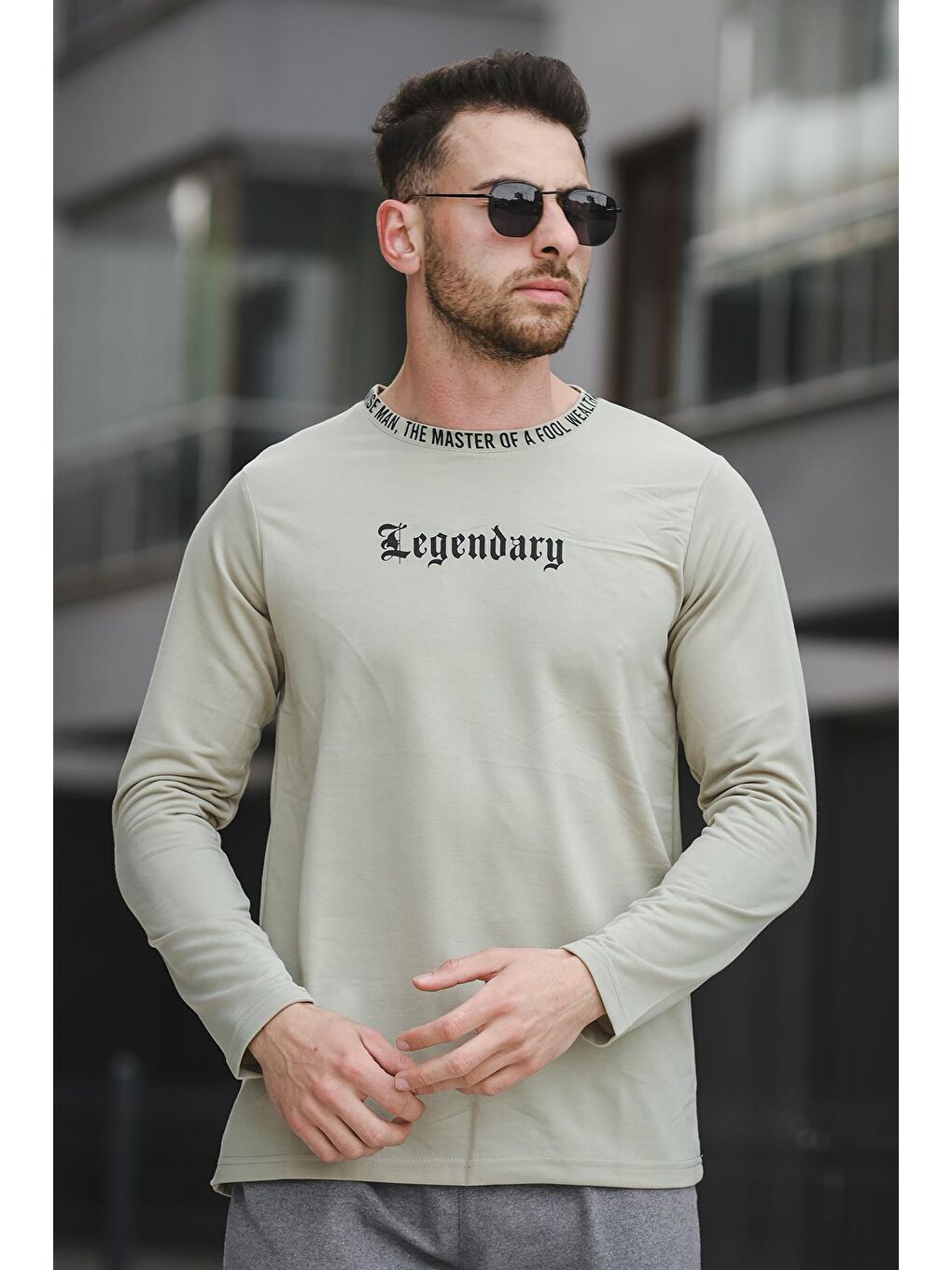 Yeşil Yakası Baskılı Slim Fit Likralı Sıfır Yaka Erkek Sweatshirt-2