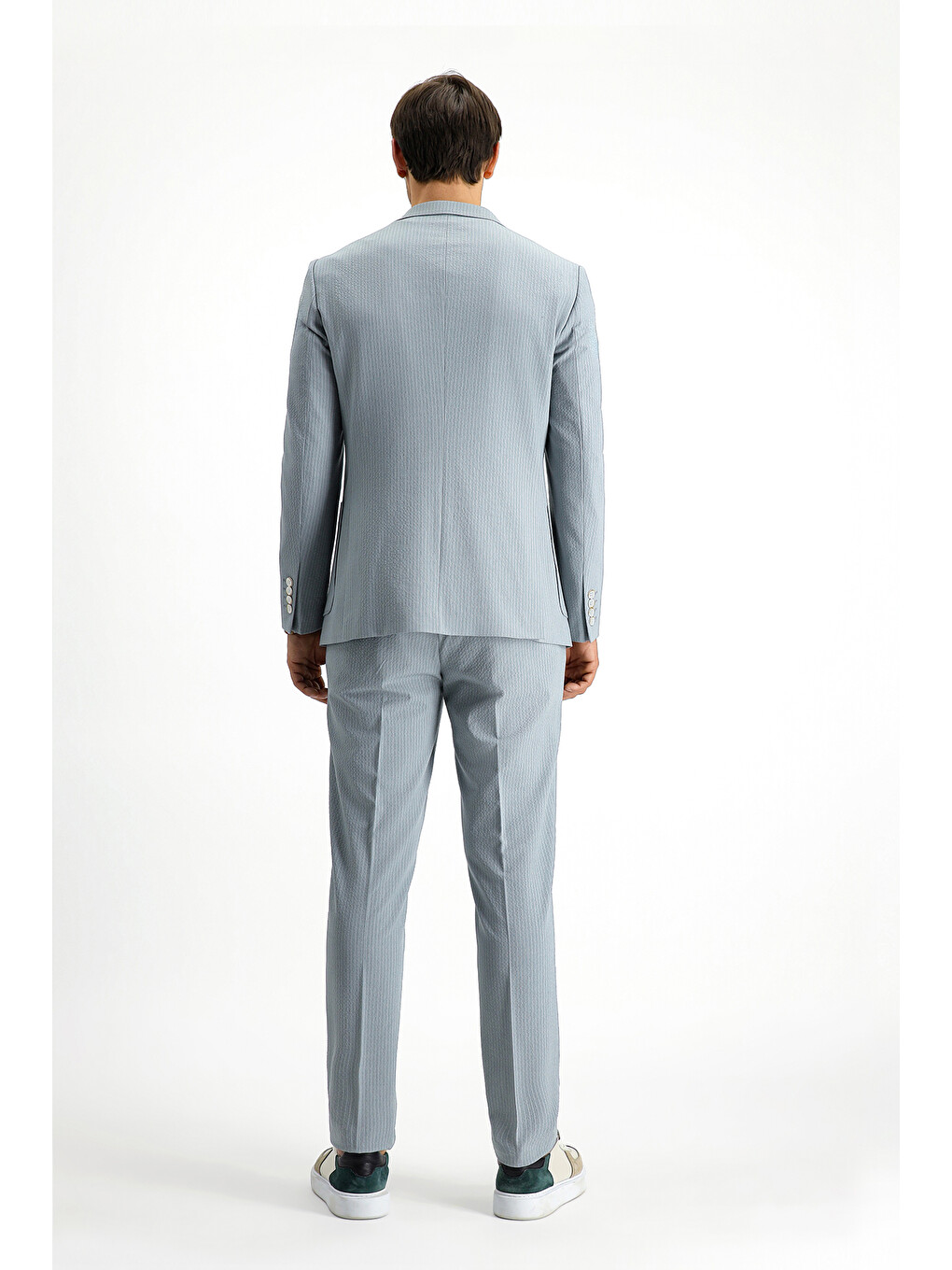 Gri Super Slim Fit Ekstra Dar Kesim Çizgili Beli Lastikli İpli Gofre Takım Elbise-3