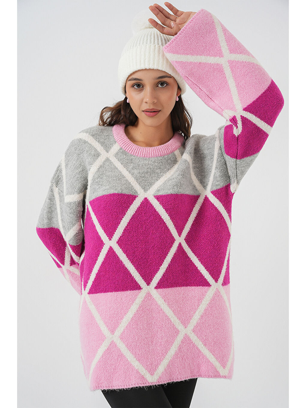 Kadın Baklava Desenli Oversize Uzun Kazak 15931 - Pembe-3