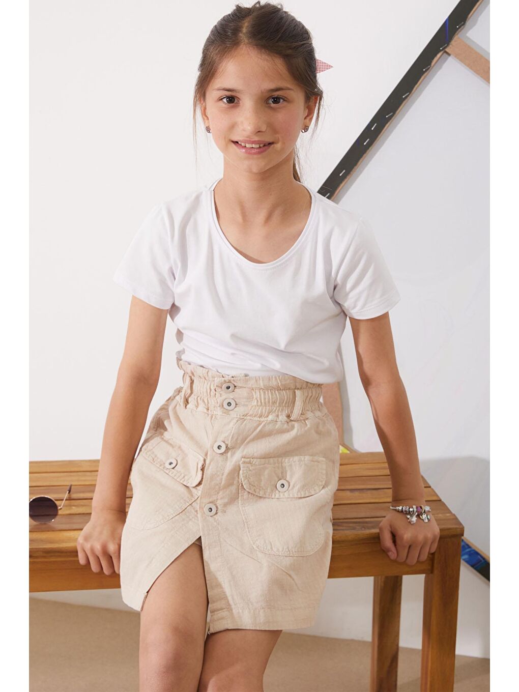 Bej Beli Lastikli Düğmeli Kız Çocuk Şort Etek 18948-3
