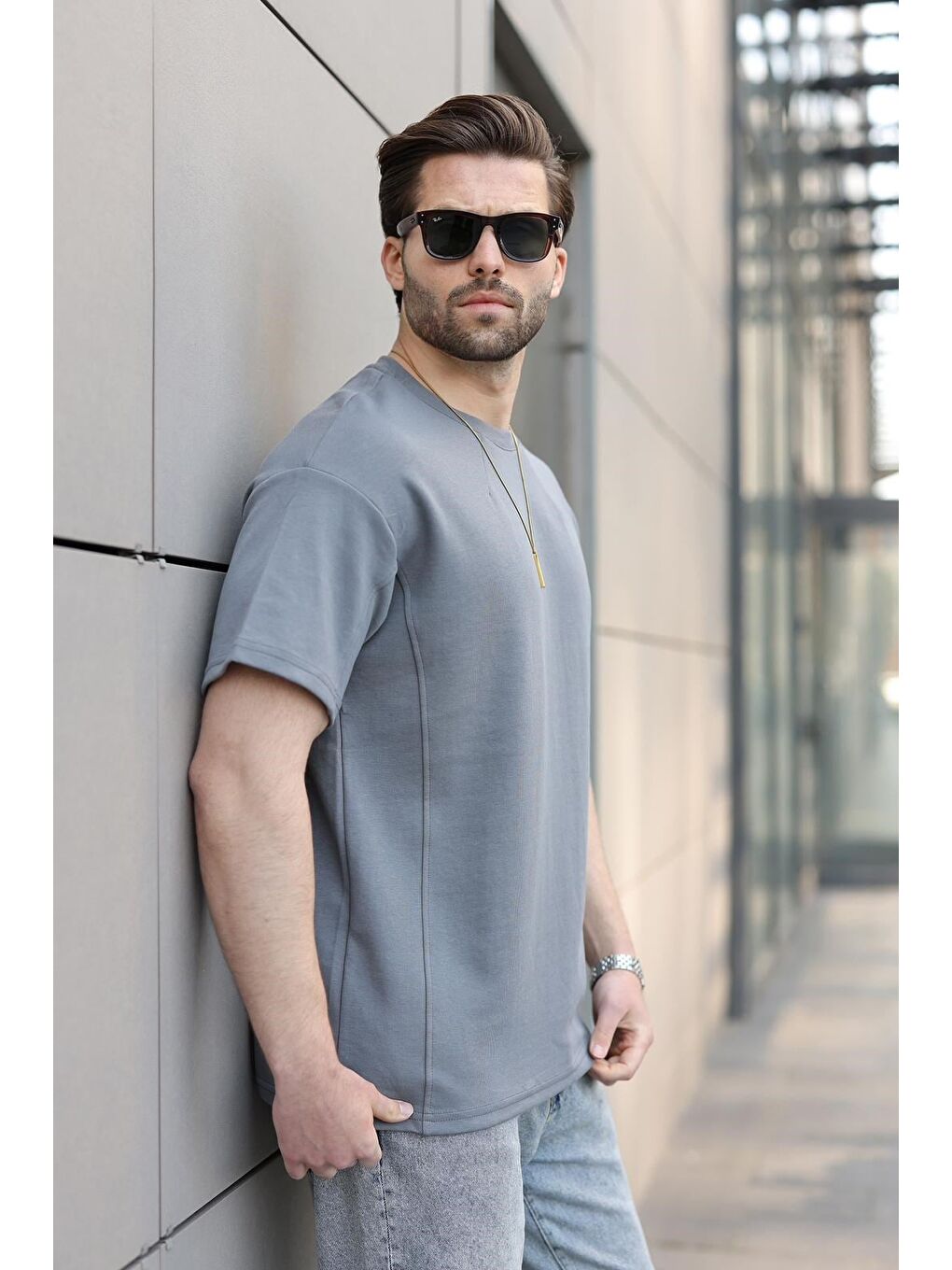 Gri Füme Dikiş Detaylı Regular Fit Erkek Tişört E7183