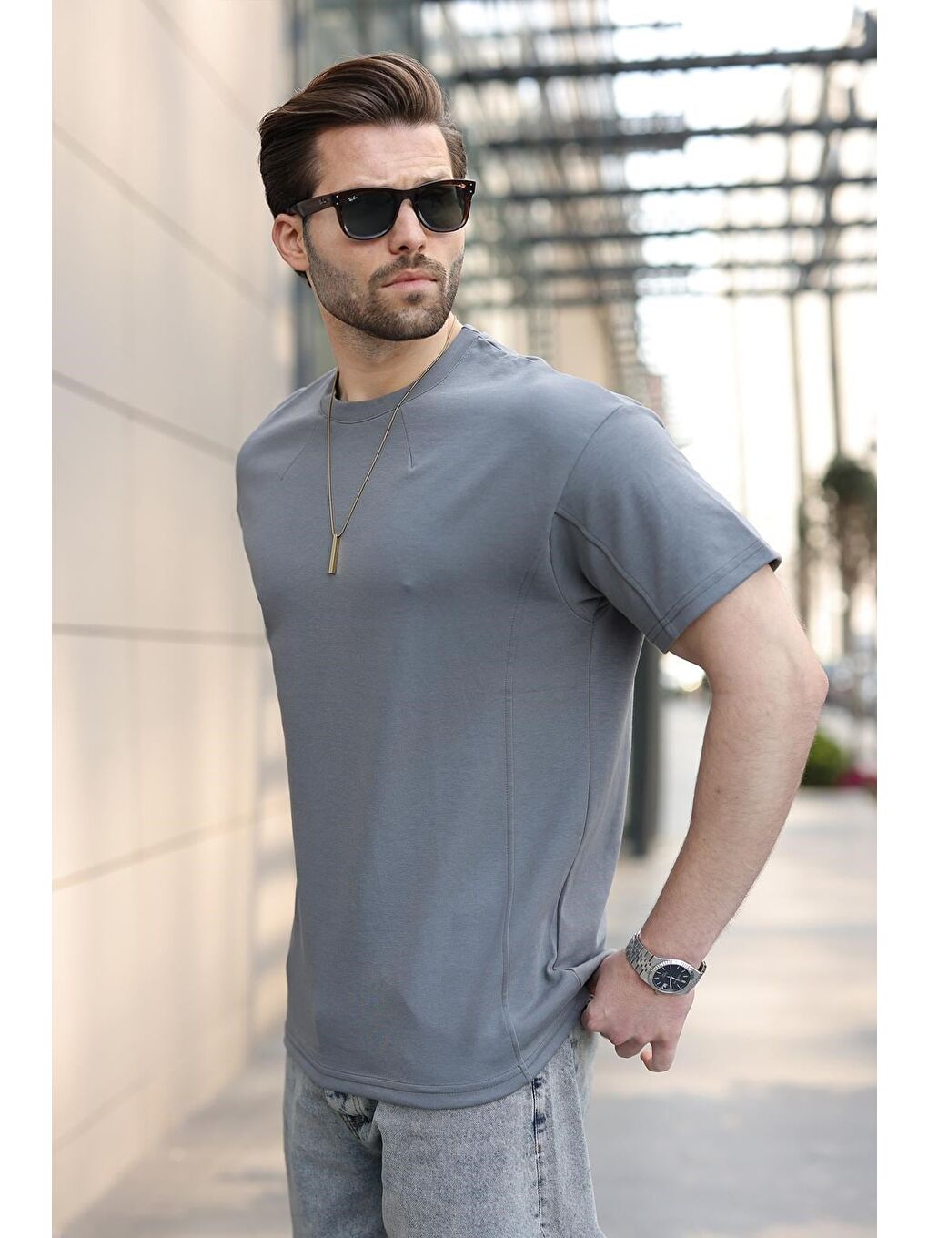 Gri Füme Dikiş Detaylı Regular Fit Erkek Tişört E7183-1