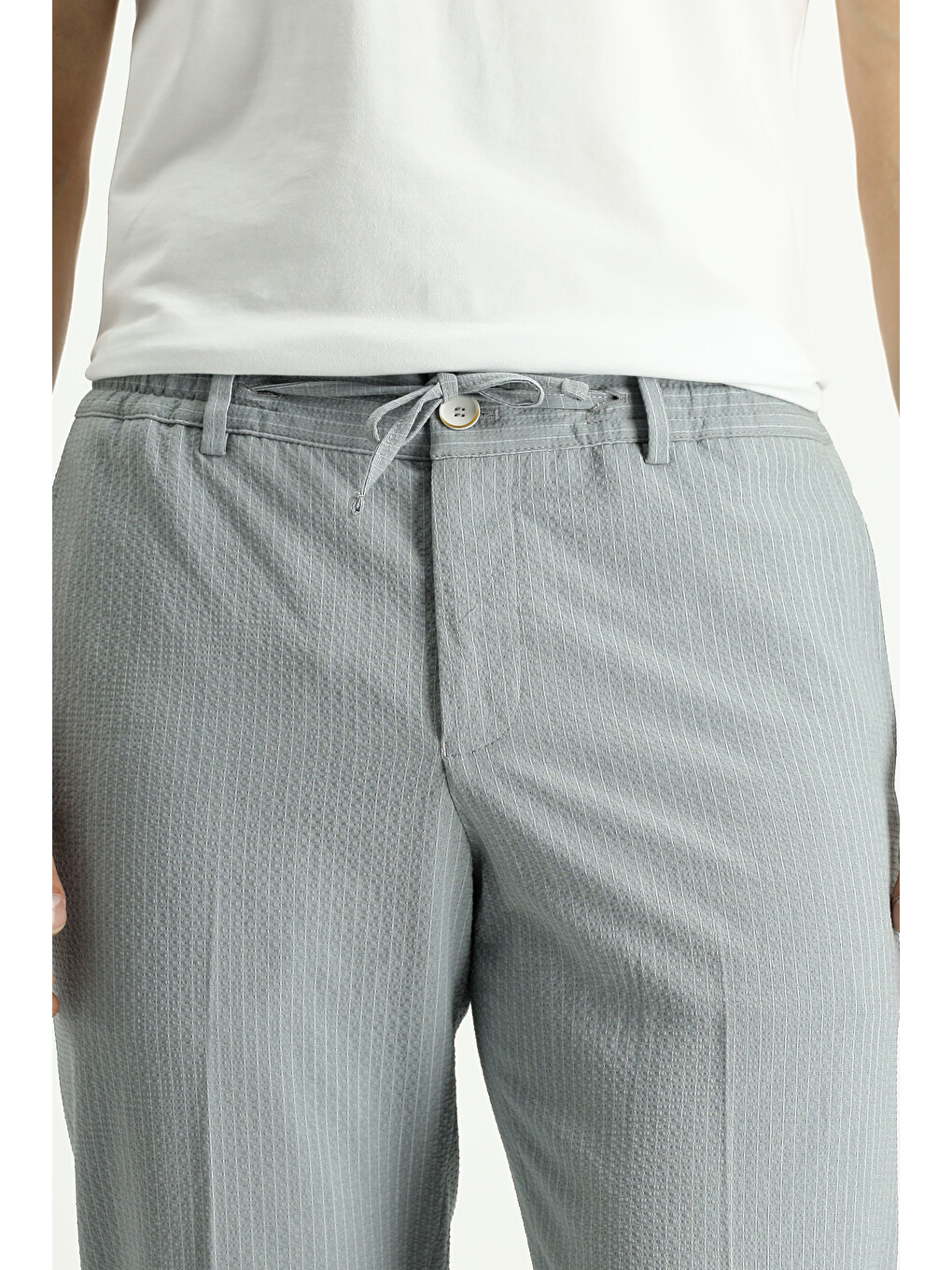 Gri Super Slim Fit Ekstra Dar Kesim Çizgili Beli Lastikli İpli Gofre Takım Elbise-5