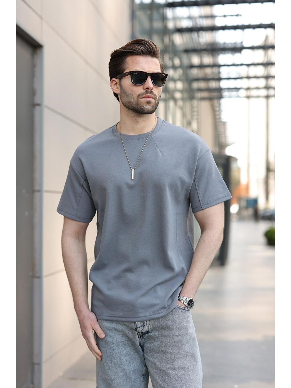 Gri Füme Dikiş Detaylı Regular Fit Erkek Tişört E7183-4