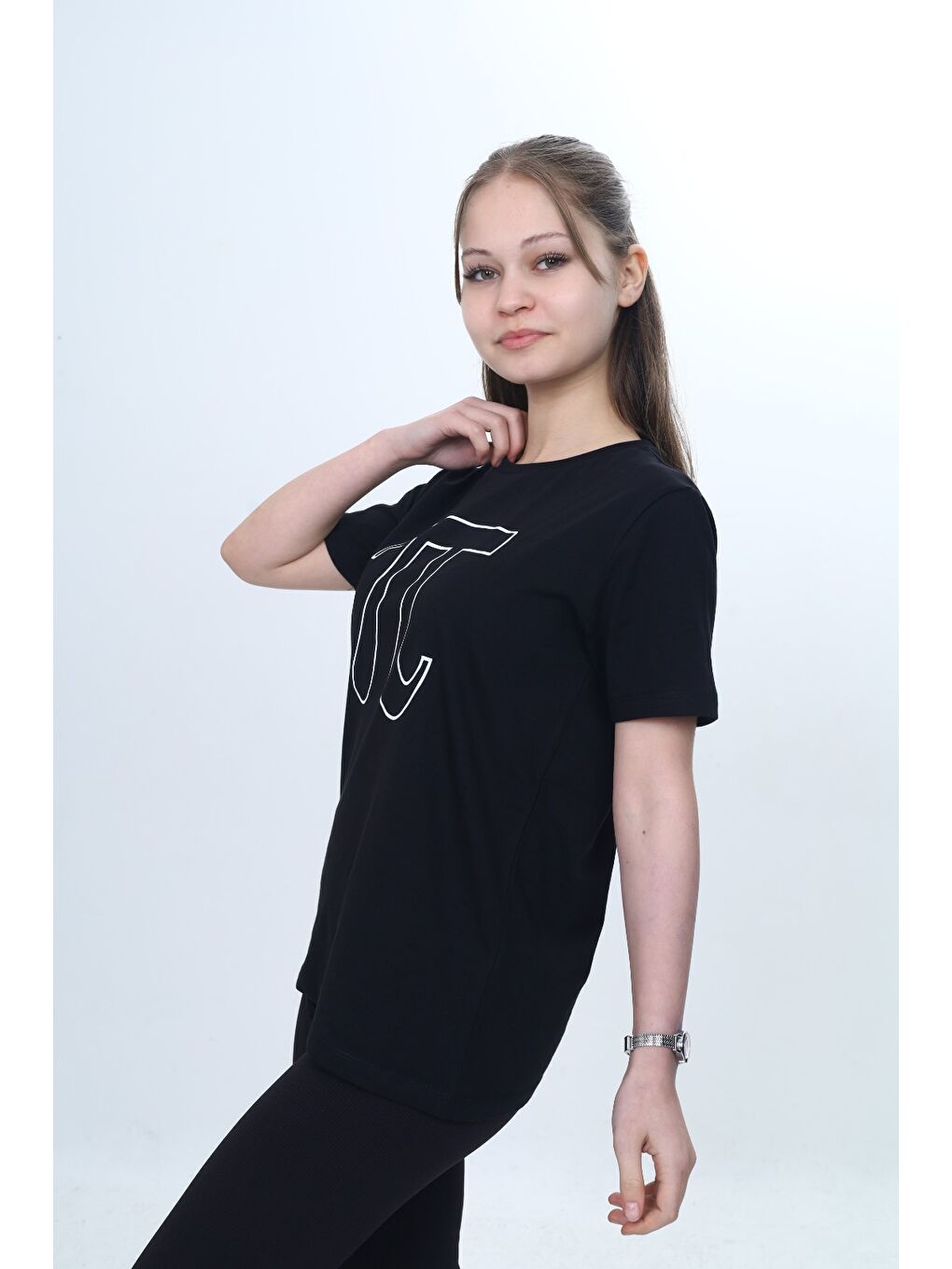 Siyah Unisex Çocuk Pi Sayı Baskılı Bisiklet Yaka Refax Fit Kısa Kollu T-shırt-3