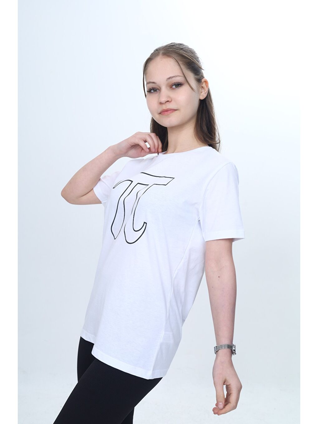 Beyaz Unisex Çocuk Pi Sayı Baskılı Bisiklet Yaka Refax Fit Kısa Kollu T-shırt-1