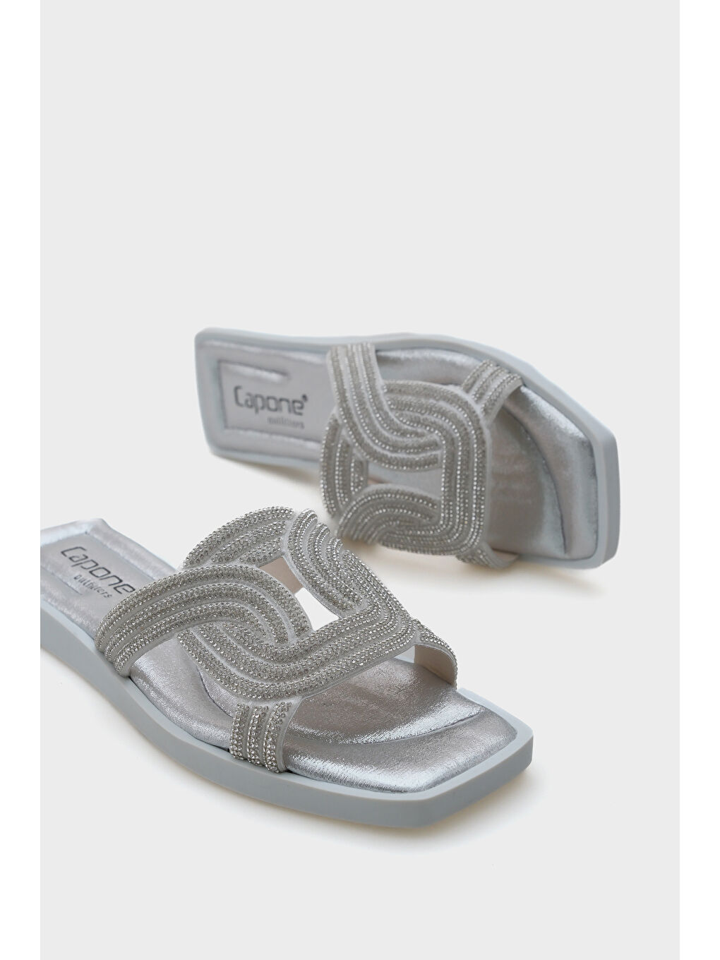 Gri Lana Gir Gümüş Taşlı Kadın Terlik-3