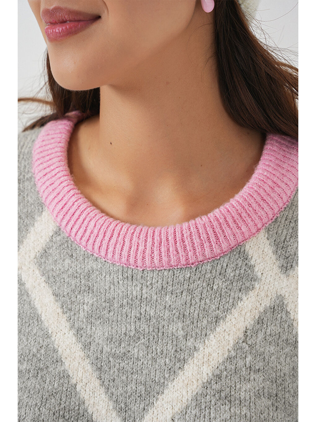 Kadın Baklava Desenli Oversize Uzun Kazak 15931 - Pembe-4