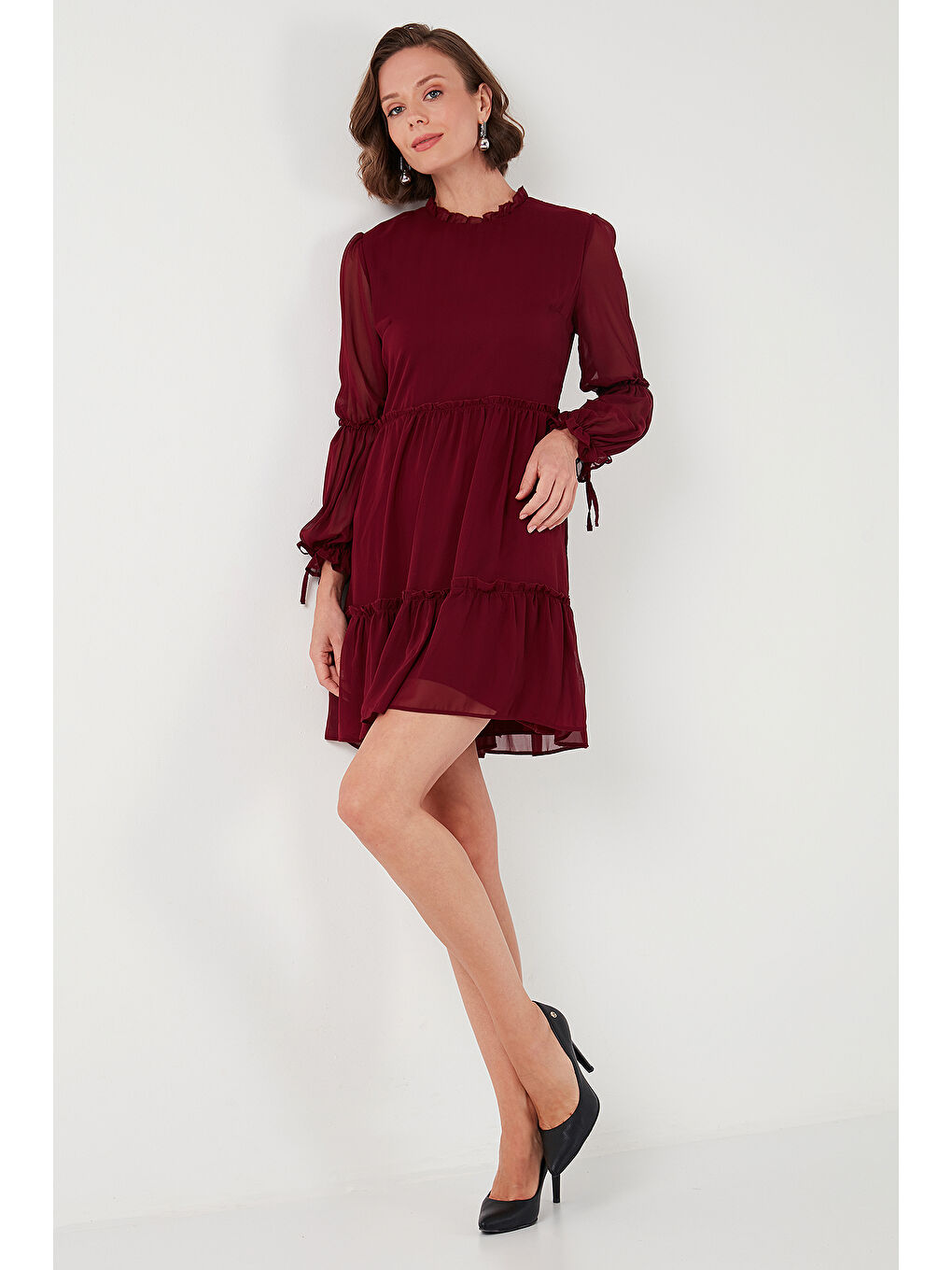 Lela Bordo Regular Fit Dik Yaka Büzgülü Astarlı Mini Kadın Elbise 611EL345 - 4