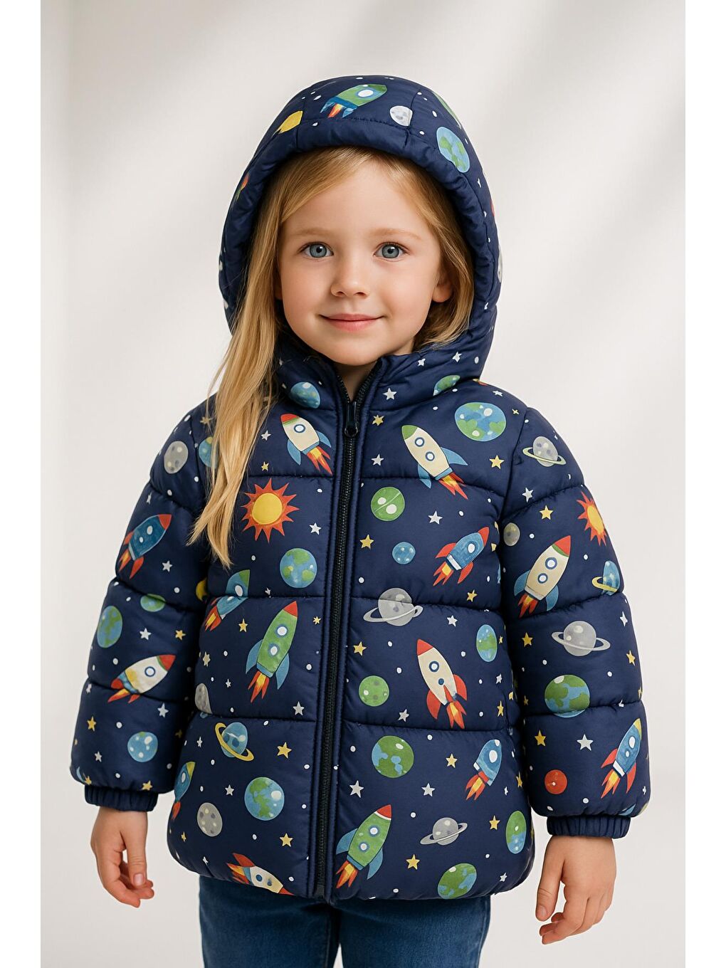 Siyah Kız Çocuk Polarlı Kapüşonlu Ufo Desenli Kışlık Şişme Mont & Kaban & Parka