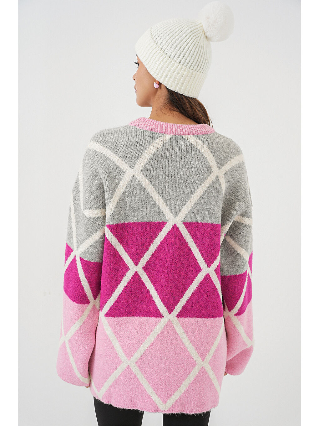 Kadın Baklava Desenli Oversize Uzun Kazak 15931 - Pembe-5