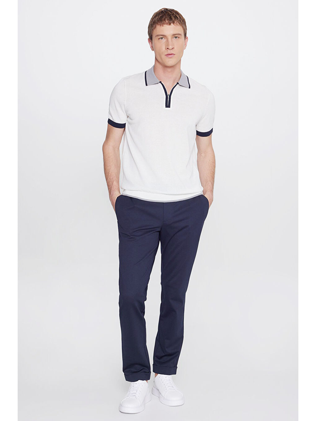 Erkek Ekru %100 Pamuk Standart Fit Normal Kesim Polo Yaka Triko Tişört-1