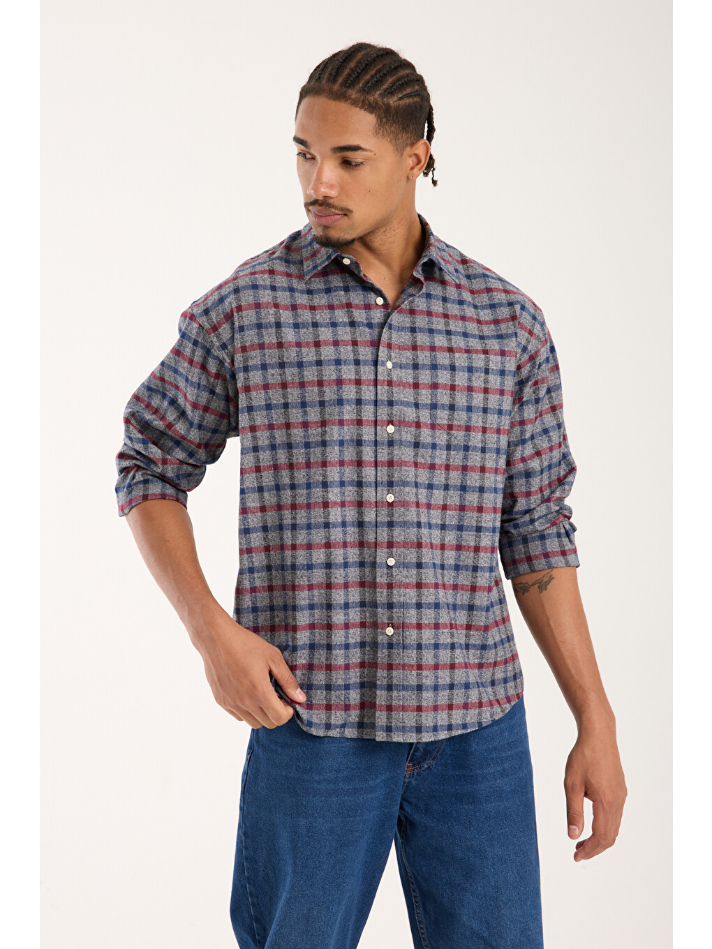Rio Twill Pamuklu Oversize Fit Gri Klasik Yaka Erkek Ekoseli Gömlek