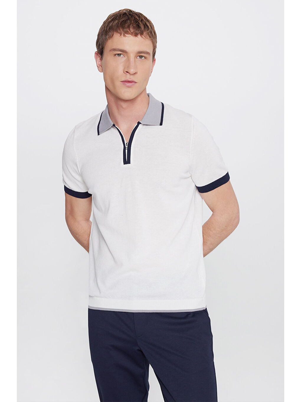 Erkek Ekru %100 Pamuk Standart Fit Normal Kesim Polo Yaka Triko Tişört-2