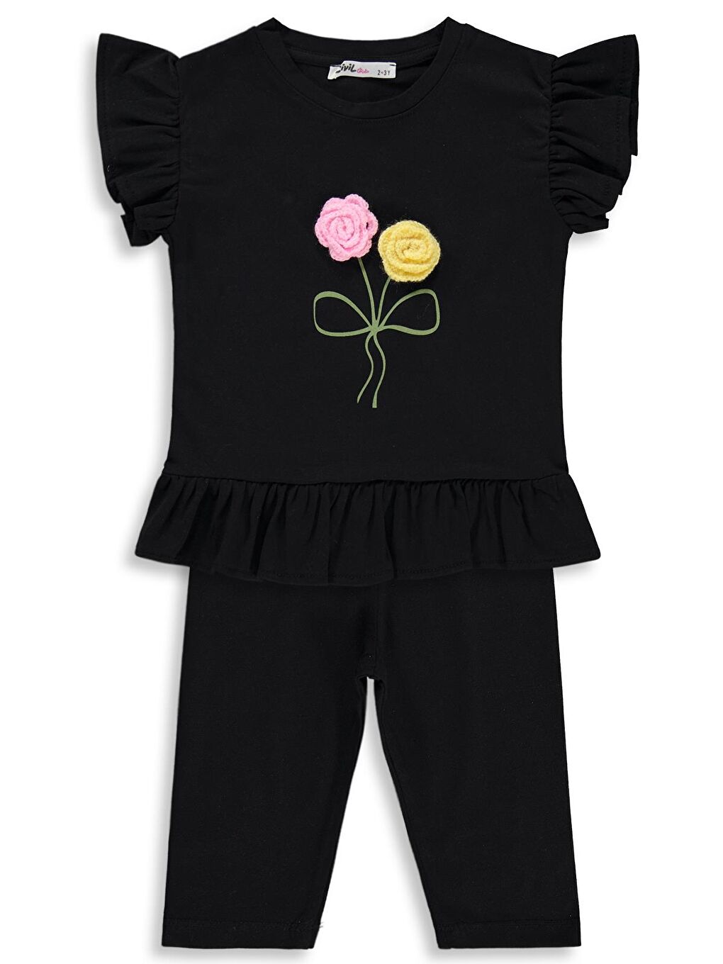 Girls Kolu Fırfırlı 2-5 Yaş Takım - Siyah