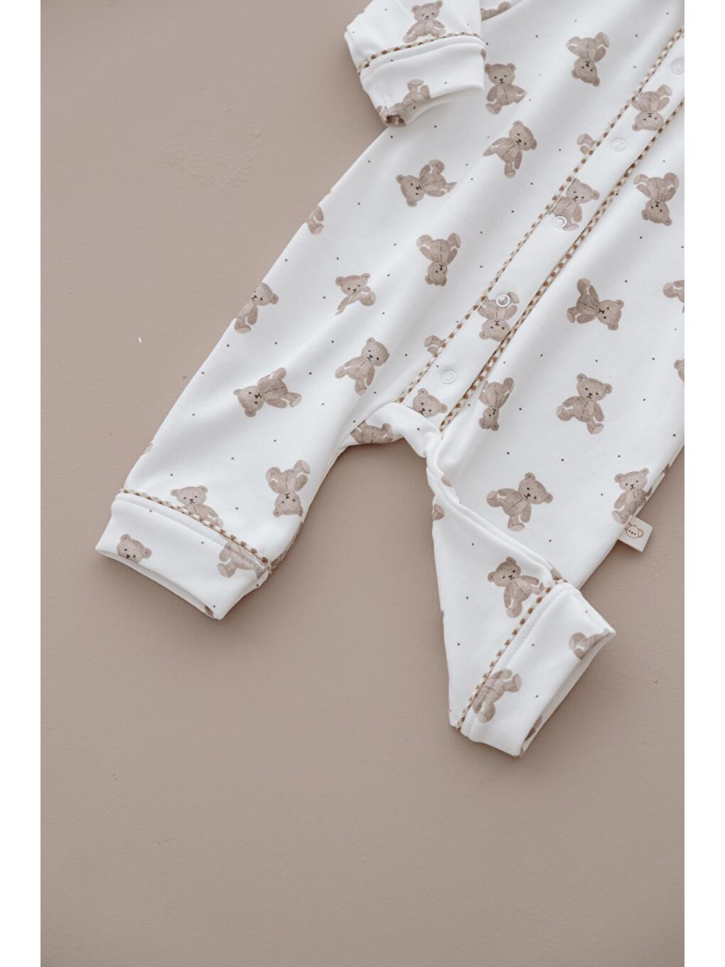 Ekru Ayıcık Baskılı Çıt Çıtlı Puffy Sleep Serisi Tulum-7