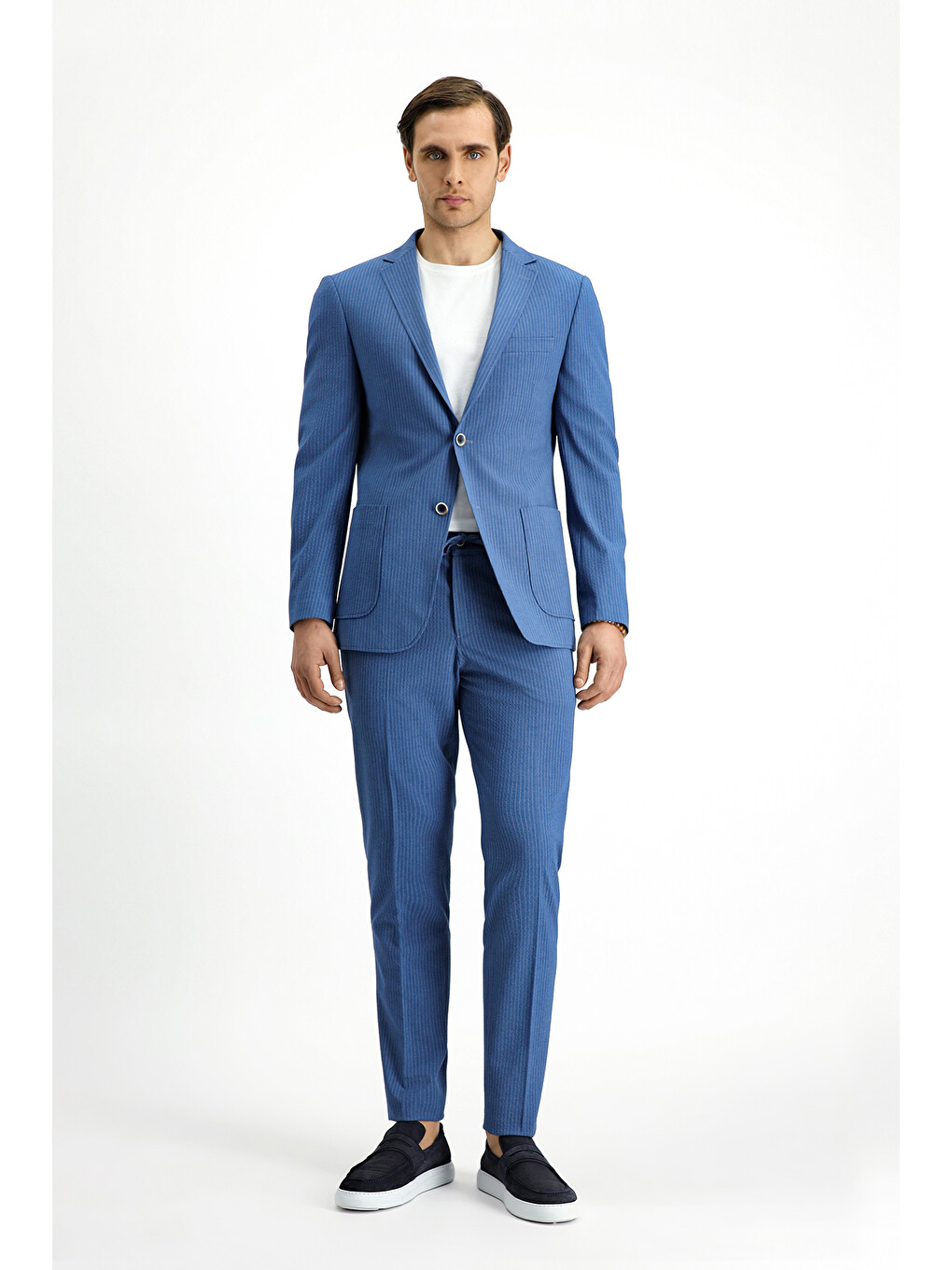 İndigo Super Slim Fit Ekstra Dar Kesim Çizgili Beli Lastikli İpli Gofre Takım Elbise-1